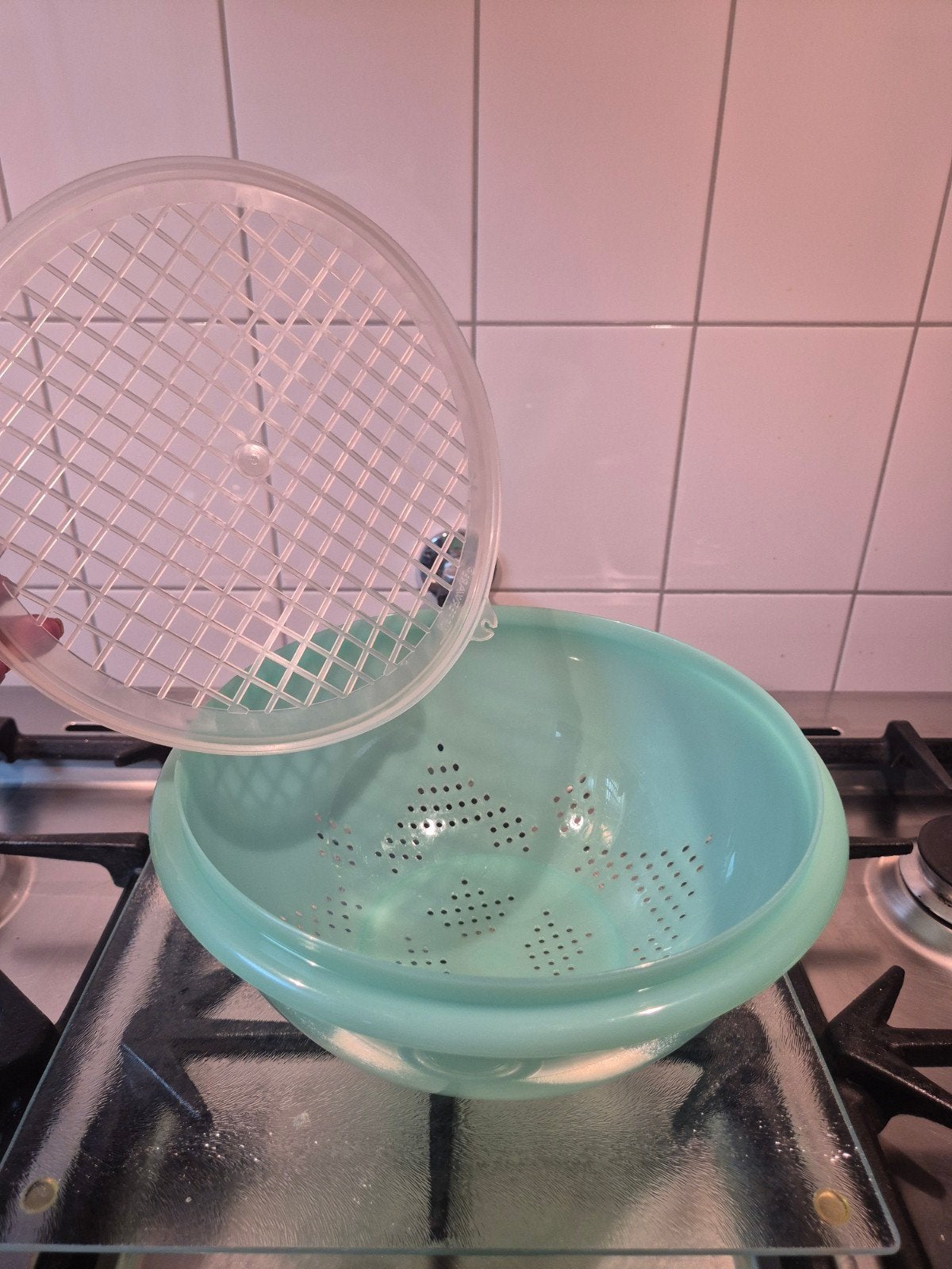 Vintage Tupperware vergiet (model 339) mintgroen, z.g.a.n., Ophalen, Zo goed als nieuw, Overige typen
