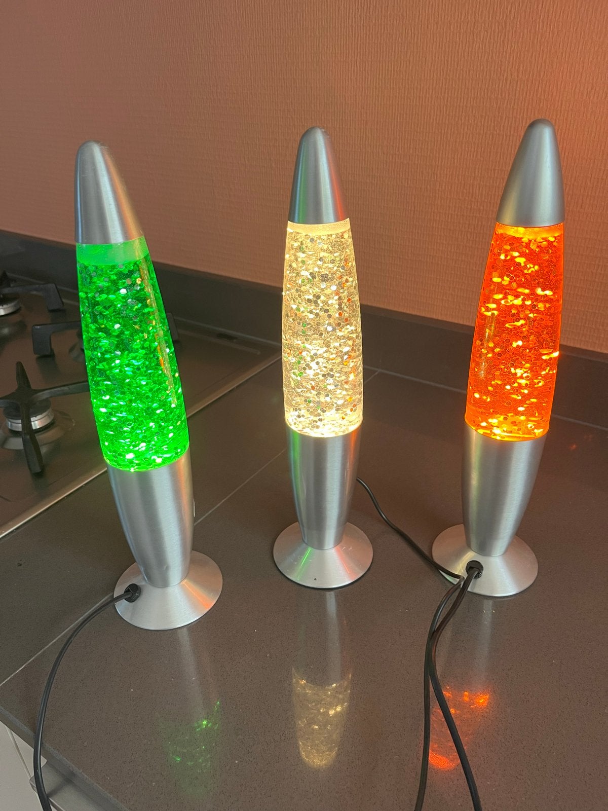 Set van 3 Glitter Lava Lampen - Groen, Goud, Oranje (34cm), Ophalen, Meerkleurig, Overige stijlen, Zo goed als nieuw
