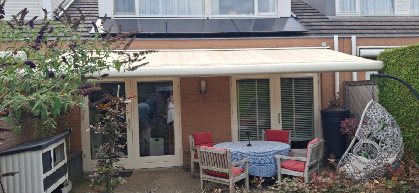 Knikarmscherm - uitval 3.5-4m - zelf schoonmaken, 300 cm of meer, Ophalen, Gebruikt, Knikarmscherm