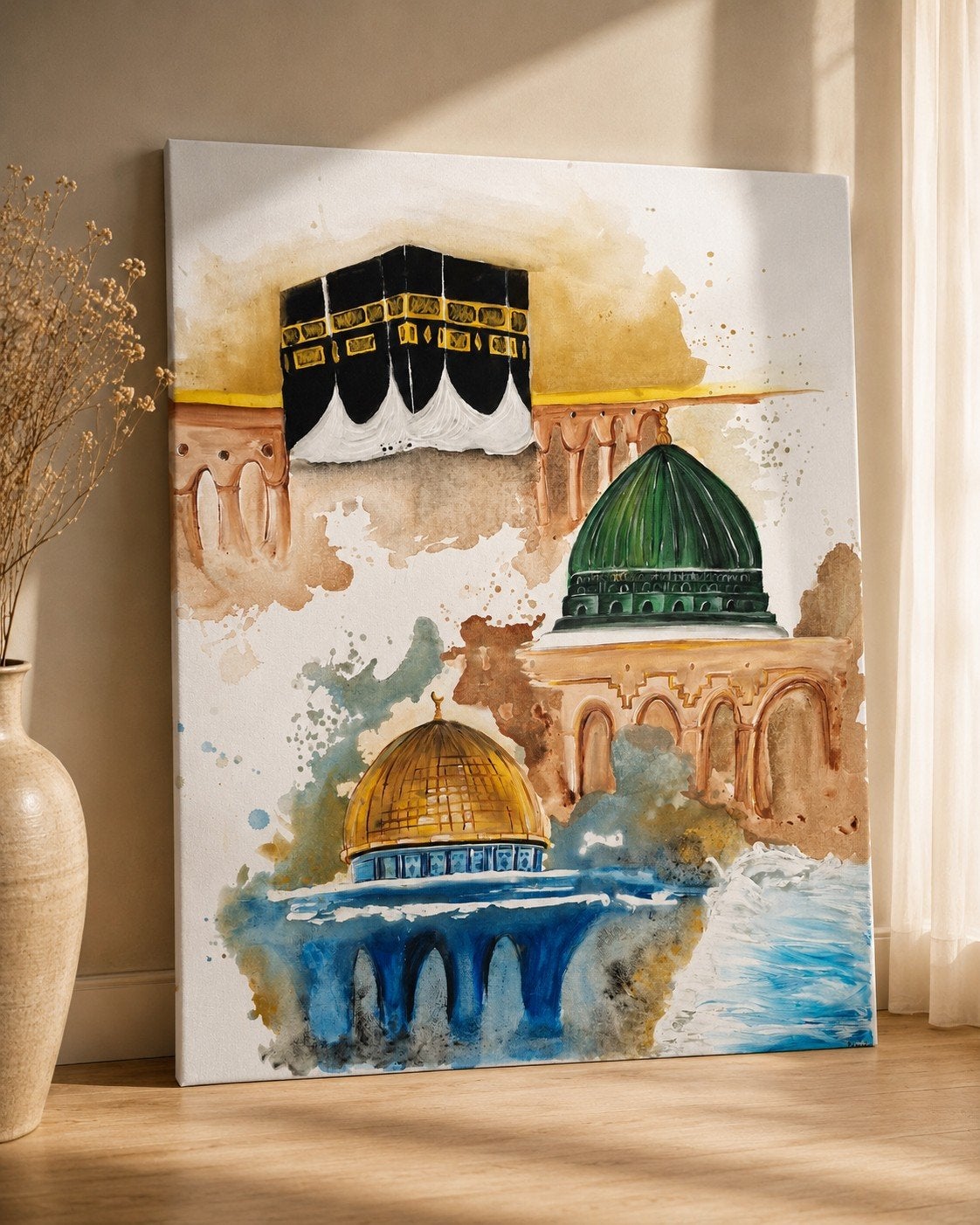 Handgeschilderd Islamitisch Kunstwerk: Kaaba, Medina, Goude, Ophalen of Verzenden