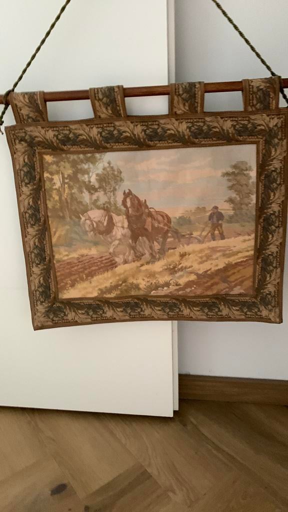 Vintage wandkleed met ploegend paard - 55x43 cm, Ophalen of Verzenden