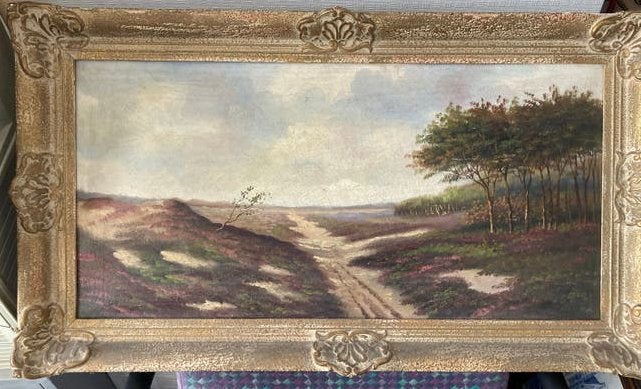 Klassiek heidelandschap olieverfschilderij in lijst, Antiek en Kunst, Ophalen, Doek, Landschap, Olieverf