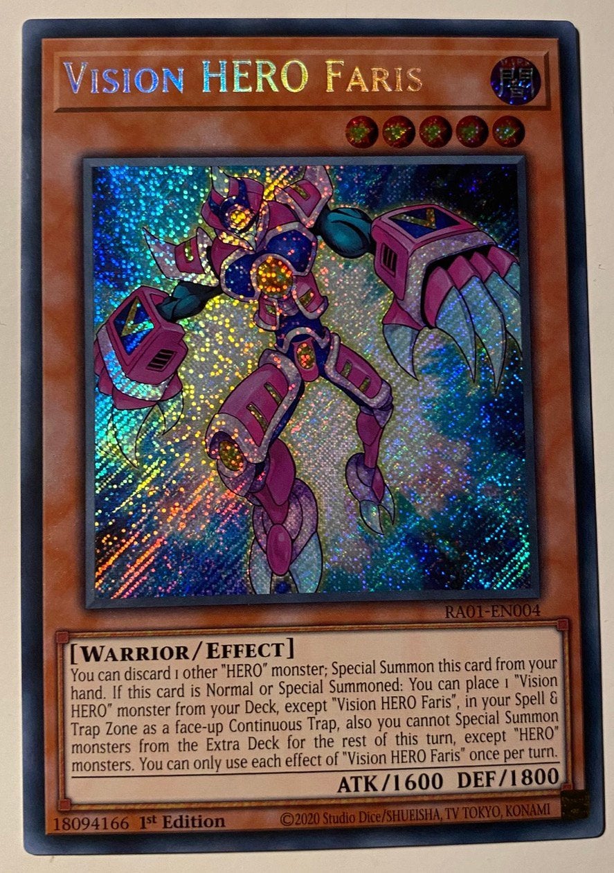 Yu-Gi-Oh! Vision HERO Faris RA01 1st Edition !, Ophalen of Verzenden, Zo goed als nieuw, Losse kaart, Foil