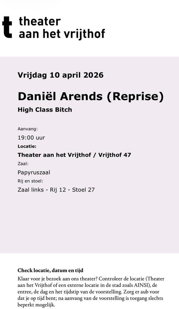 1 kaartje show Daniel Arends high class bitch in Maastricht, Tickets en Kaartjes, Eén persoon, April