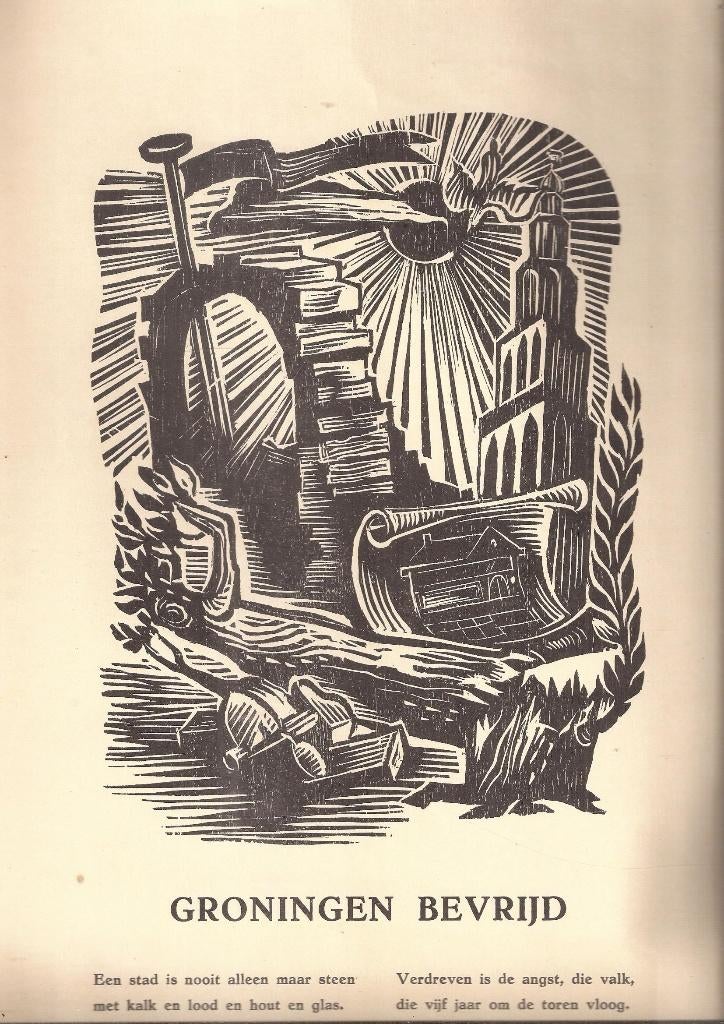 DENDERMONDE, Max- Groningen bevrijd. Rijmprent Abe J.Kuipers, Origineel, 23 cm, Houtsnede, 1900 - 1949