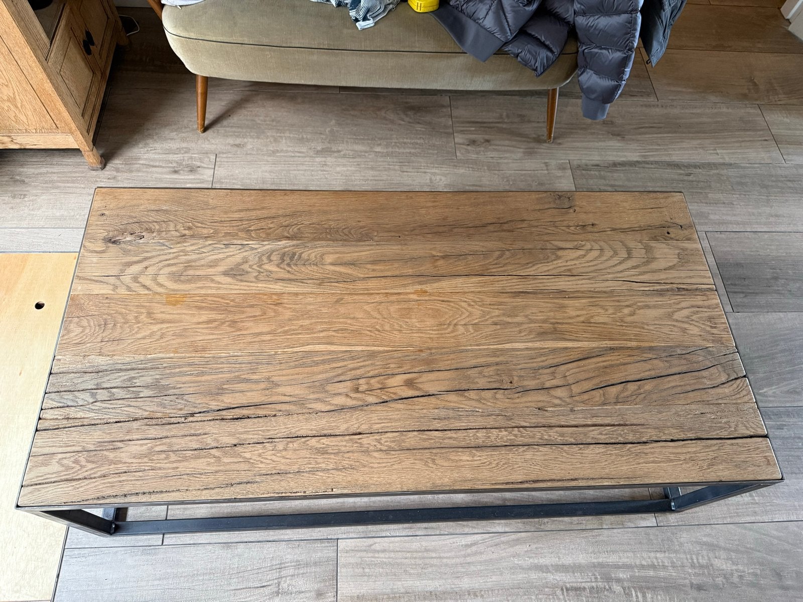 Industriële salontafel wagonplanken eiken staal 140x70x40cm, Ophalen, Gebruikt, 100 tot 150 cm, Eikenhout