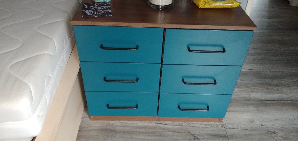 Ladekast turquoise met houtlook blad, Ophalen, Minder dan 50 cm, Gebruikt, 3 of 4 laden