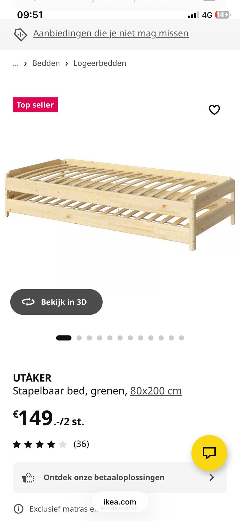 IKEA UTÅKER Stapelbaar bed, grenen, 80x200 cm, Gebruikt, Eenpersoons, Ophalen of Verzenden, 80 cm