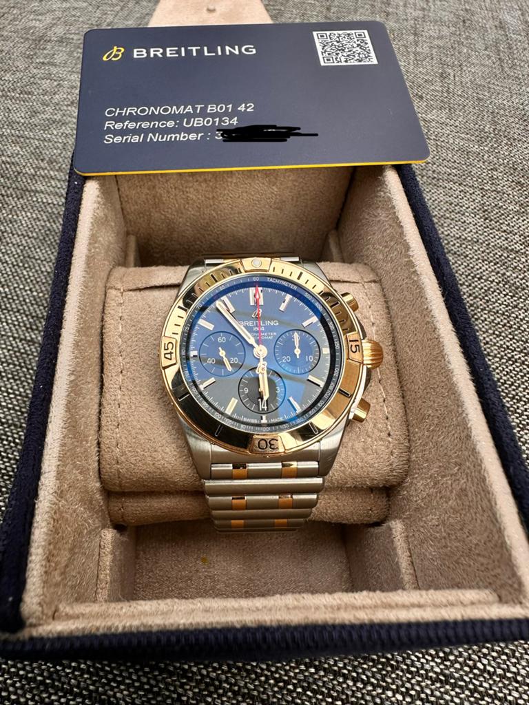 Breitling Chronomat B01 Roségoud/ blauwe wijzerplaat., Ophalen, Staal, Breitling, Polshorloge