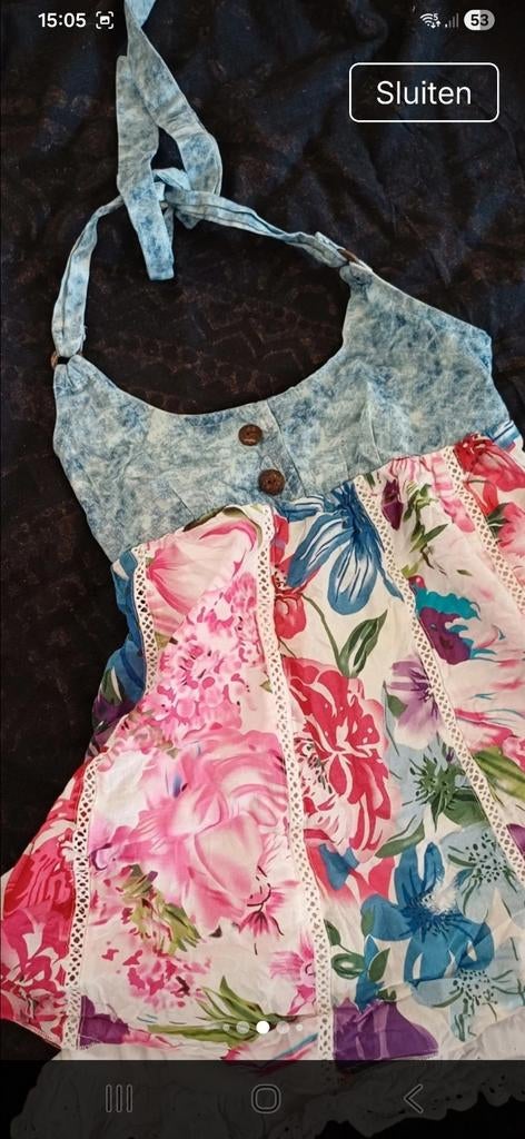 Mini mignon mooi gekleurd halter tuniekje met kanten randje,, Meisje, Ophalen of Verzenden, Zo goed als nieuw, Jurk of Rok