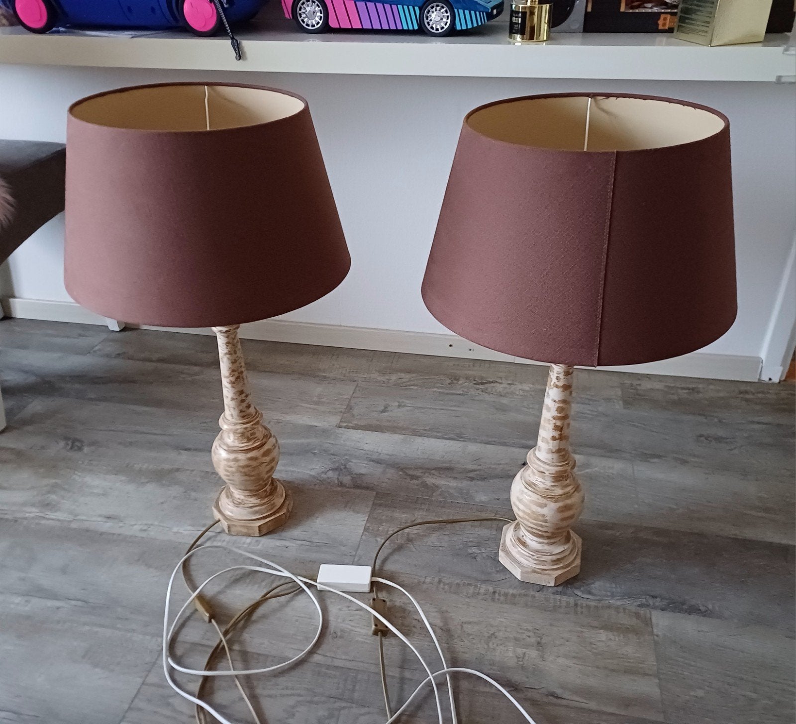 Set van 2 klassieke tafellampen met bruine kap, Met schakelaar, Gebruikt, Overige merken, Bruin