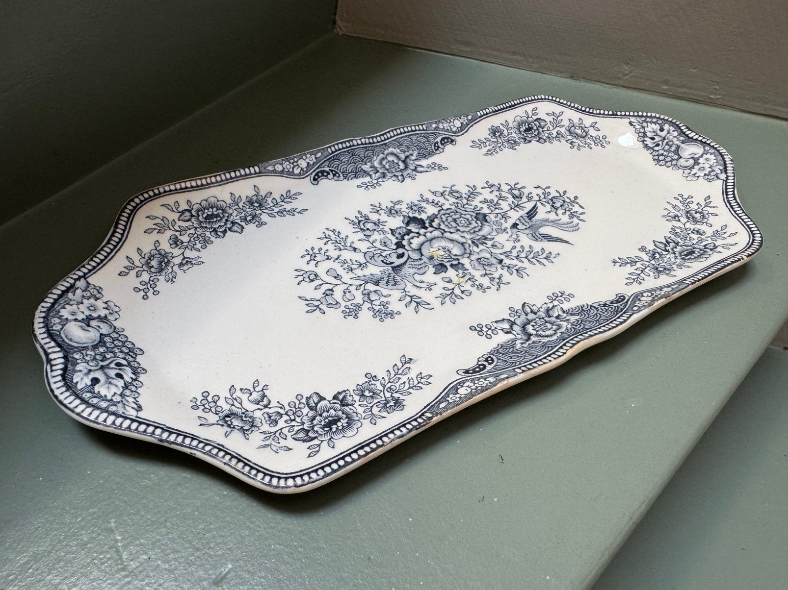 Antieke Engelse Ironstone serveerschaal blauw wit 32 cm, Ophalen of Verzenden