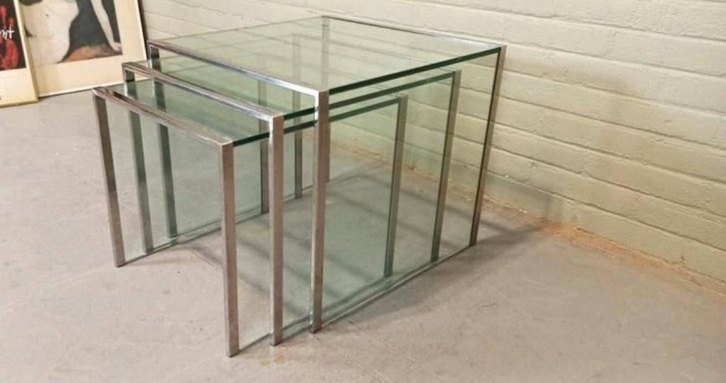 Vintage glas en chrome mimiset nesting tables bijzettafels, Huis en Inrichting, Ophalen, Tweedehands, Tweedehands, Glas