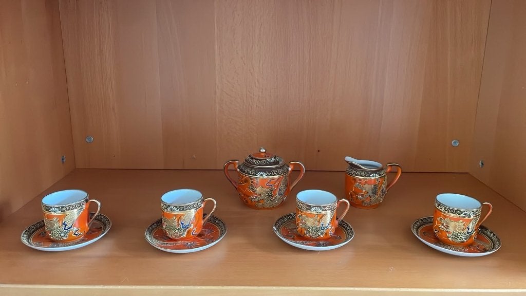 Japanse Dragonware Demitasse Set - Oranje & Goud, Ophalen, Gebruikt, Porselein, Kop en/of schotel