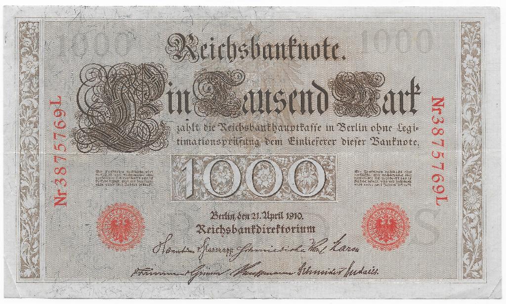 1000 Mark 1910 Reichsbanknote; two red seals 769L, Verzenden, Duitsland, Los biljet
