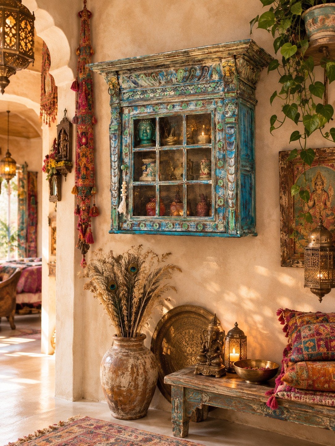 Shabby/Boho/Houtsnijwerk/Ibiza/Kast/Vitrine