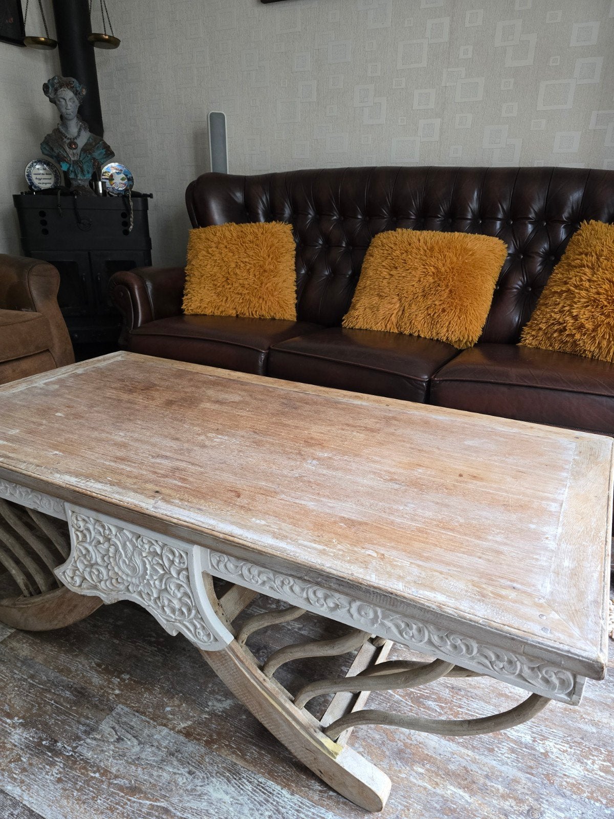 Unieke Handgemaakte Salontafel met Prachtig Blad, Ophalen, Gebruikt, 100 tot 150 cm, 50 tot 100 cm