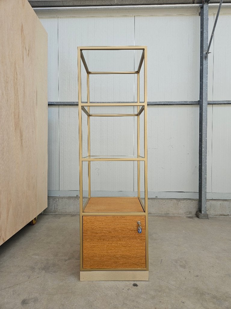 Vitrinekast stellingkast hout en glas, Ophalen, Gebruikt, 50 tot 100 cm, Glas