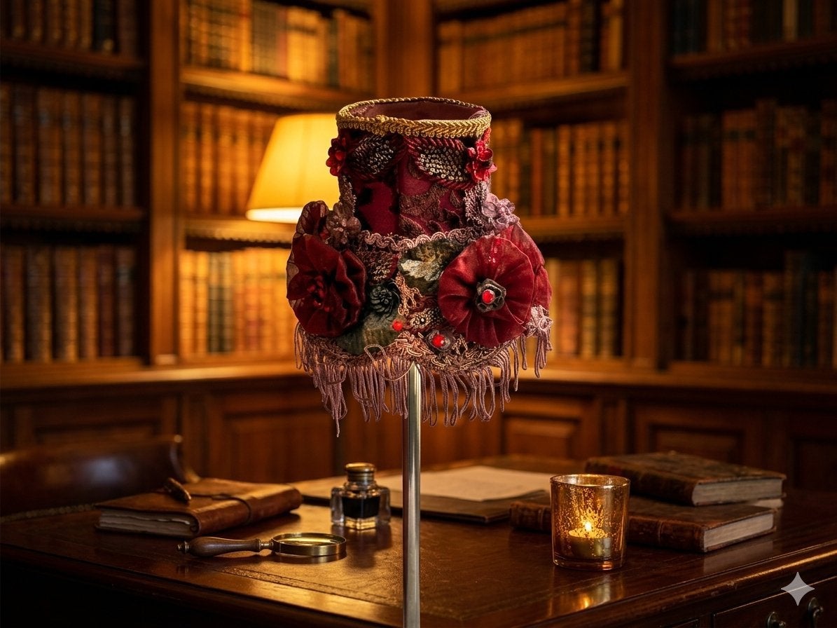 Prachtig Burlesque / Boudoir klem lampenkapje in roodtinten, Huis en Inrichting, Gebruikt, Tafellamp, Rond, Ophalen of Verzenden