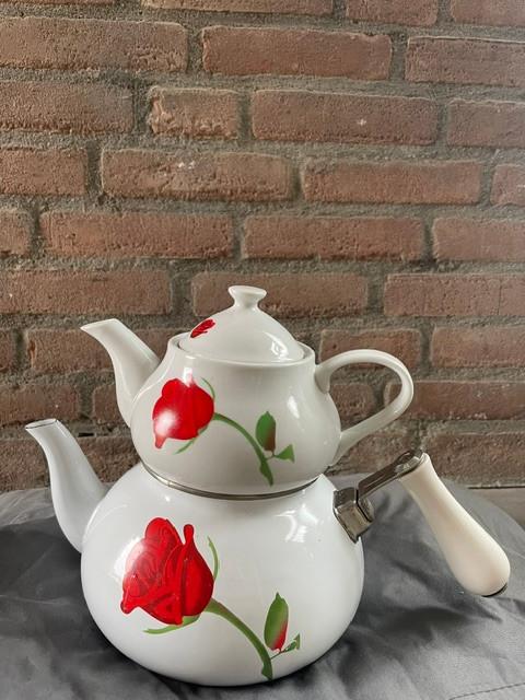 Demlik Cay Turkse Dubbele Theepot, Theepot/fluitketel, Gebruikt, Ophalen of Verzenden, Steen/keramiek