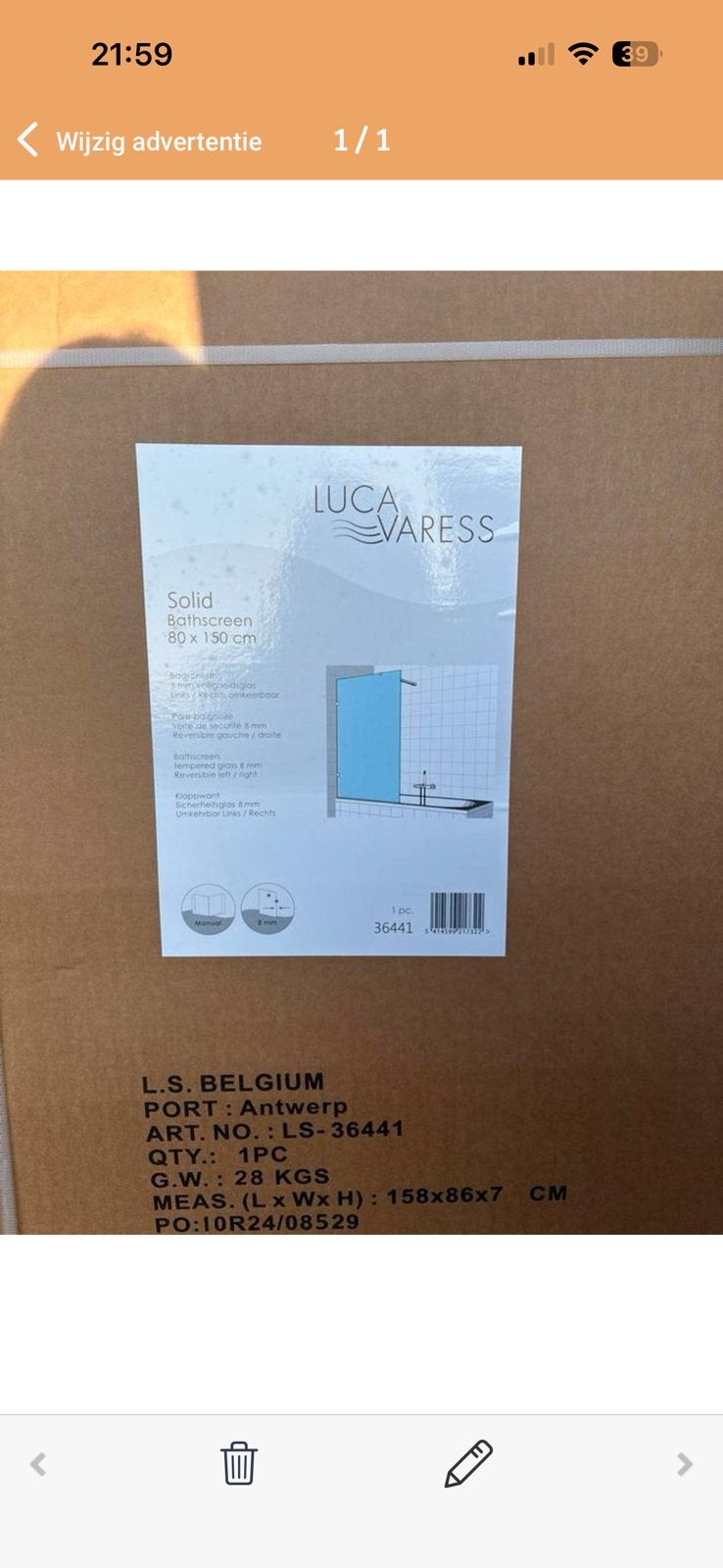 Luca Varess Solid Bathscreen 80x150 cm - Nieuw, Ophalen, Nieuw