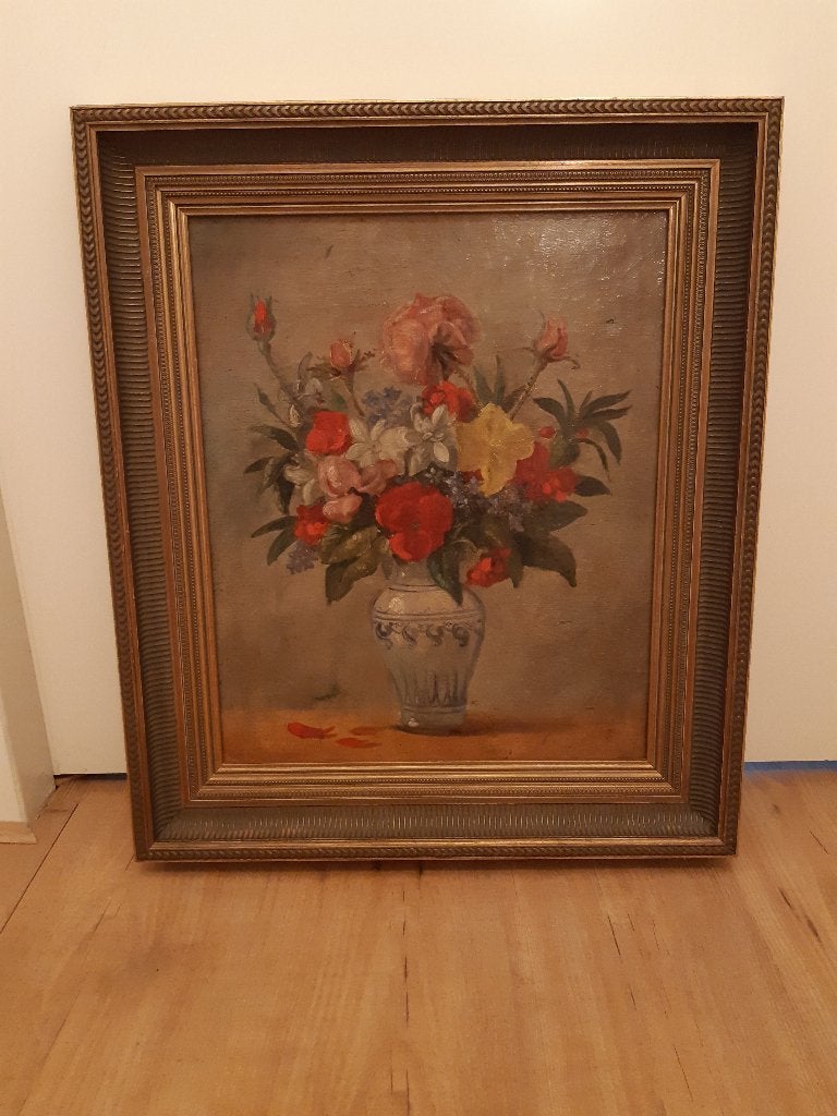 Antiek schilderij vaas met bloemen, Antiek en Kunst, Kunst | Schilderijen | Klassiek, Doek, Realistisch, Origineel werk, Olieverf
