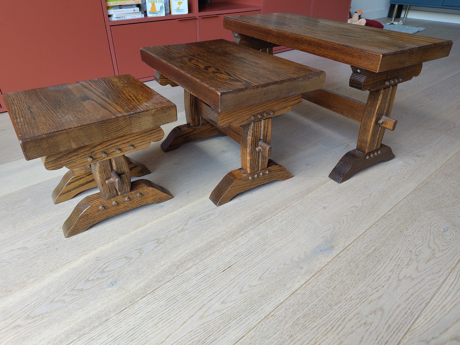 3 eiken bijzettafels, Ophalen, Minder dan 45 cm, Gebruikt, Vintage