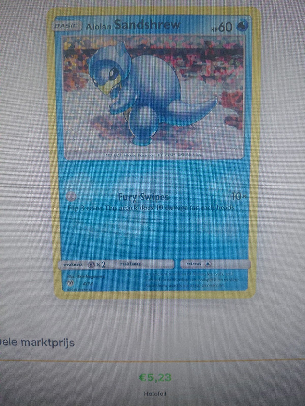 Pokémon Kaart Alolan Sandshrew Holofoil, Ophalen of Verzenden, Gebruikt, Losse kaart, Foil