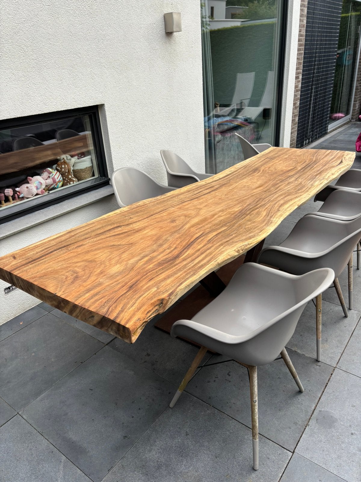 Boomstamtafel 280 cm buitentafel te koop, Ophalen, Zo goed als nieuw, Steigerhout