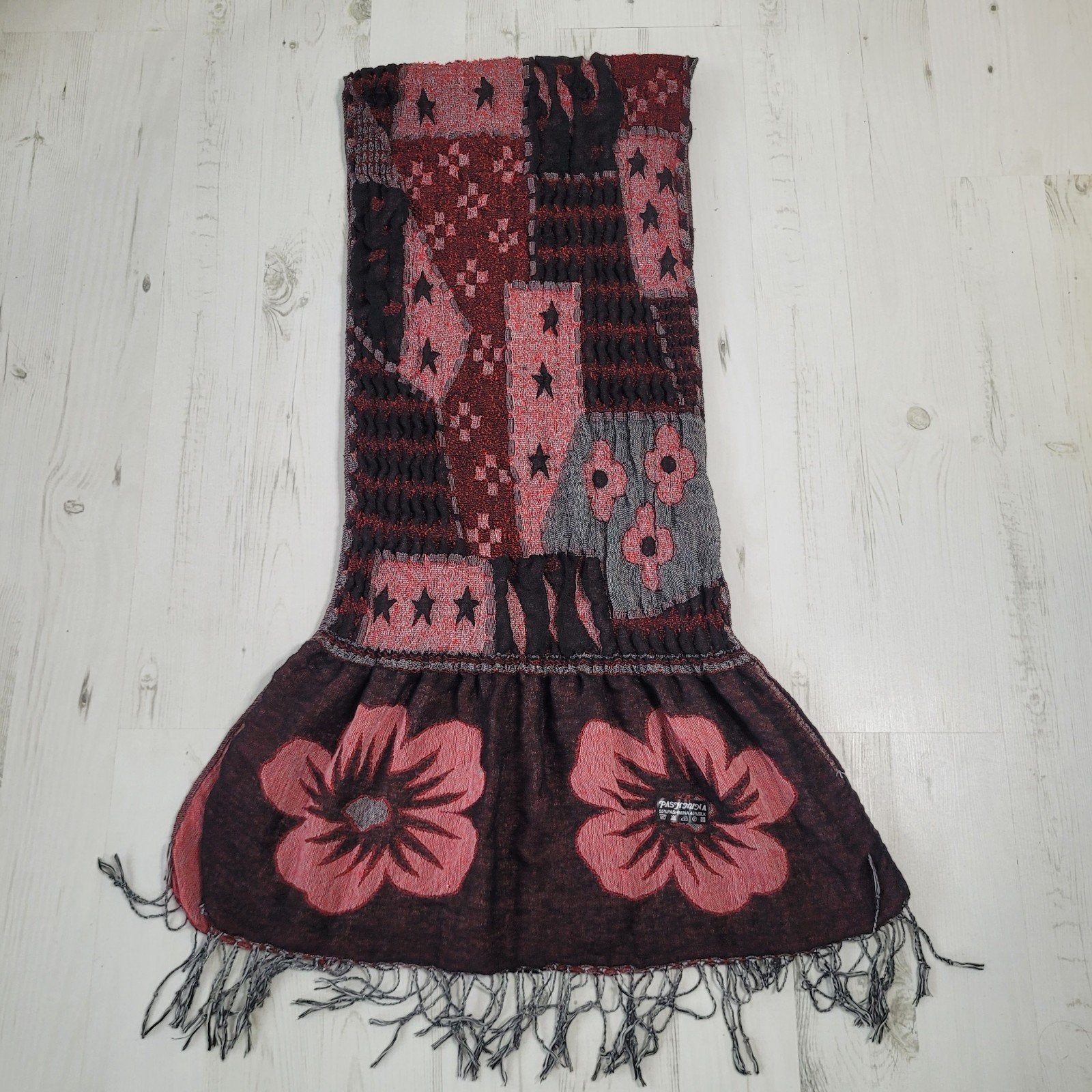 Pashmina sjaal met bloemen floral 45% zijde rood bruin, Pashmina, Ophalen of Verzenden, Zo goed als nieuw, Sjaal