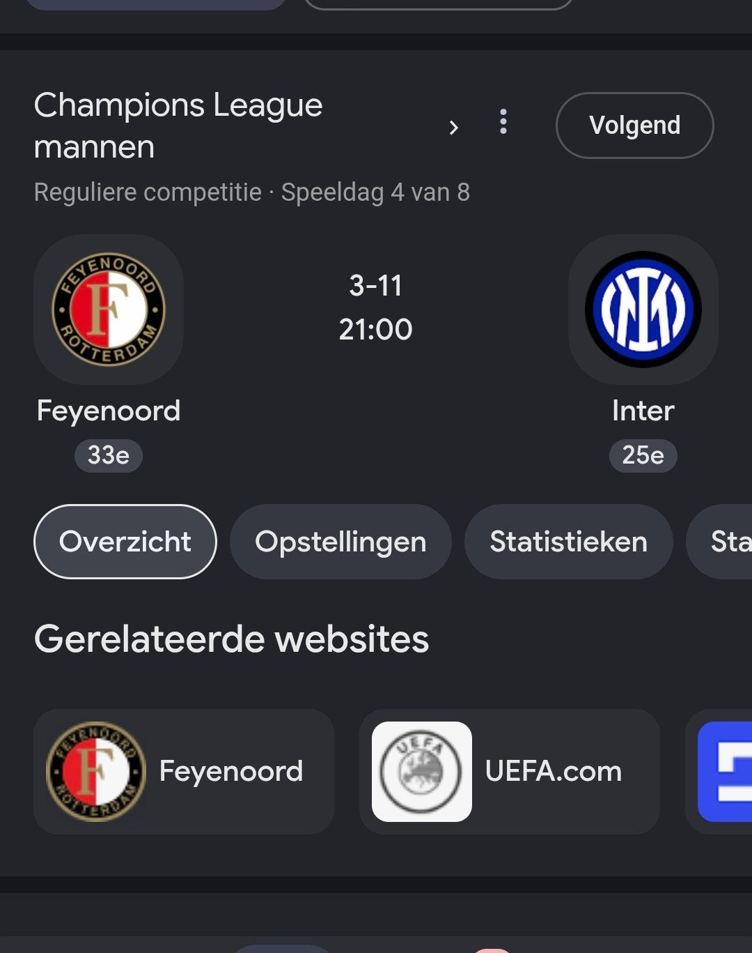 feyenoord-inter, Losse kaart, Eén persoon, November, Europa of Champions League