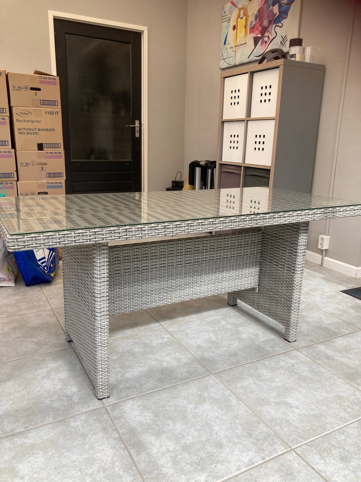 Wicker tuintafel met glazen blad, Tuin en Terras, Ophalen, Gebruikt, Rechthoekig, Wicker