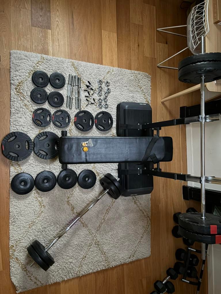 Complete Gorilla Sports homegym 100 kg gewichten, Ophalen of Verzenden, Gebruikt, Armen, Fitnessbank