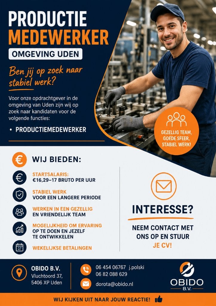 Productiemedewerker – omgeving Uden, Vacatures, 33 - 40 uur, Overige niveaus, Starter, Overige vormen