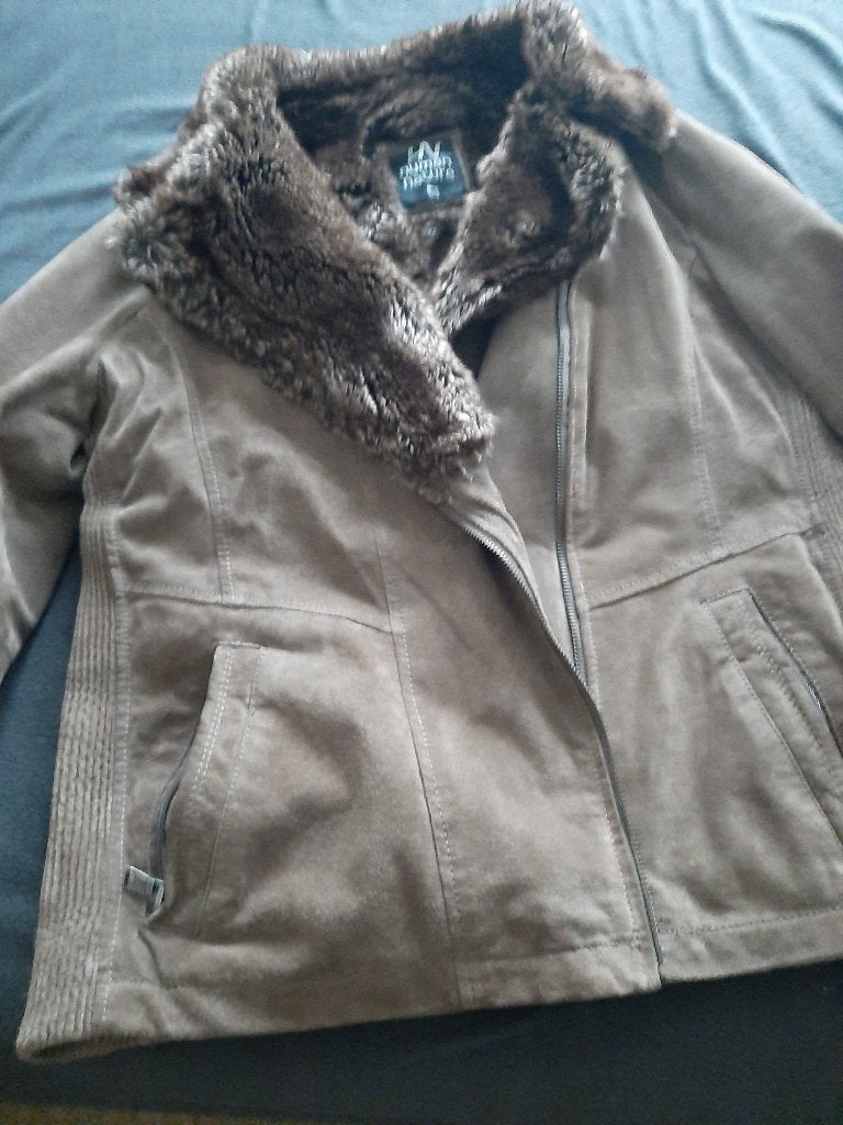 lichtbruine beige suède damesjack XL Human Nature bontkraag, Beige, Maat 46/48 (XL) of groter, Ophalen of Verzenden, Zo goed als nieuw