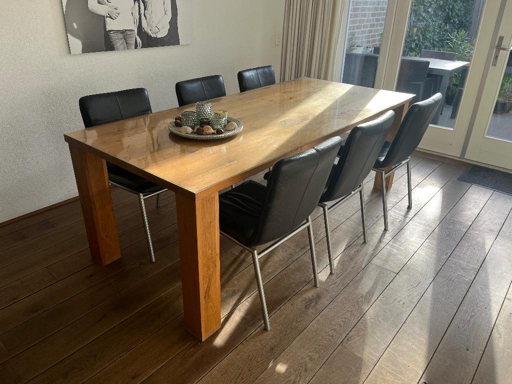 6 Zwarte leren eetkamerstoelen, Ophalen, Gebruikt, Zwart, Leer