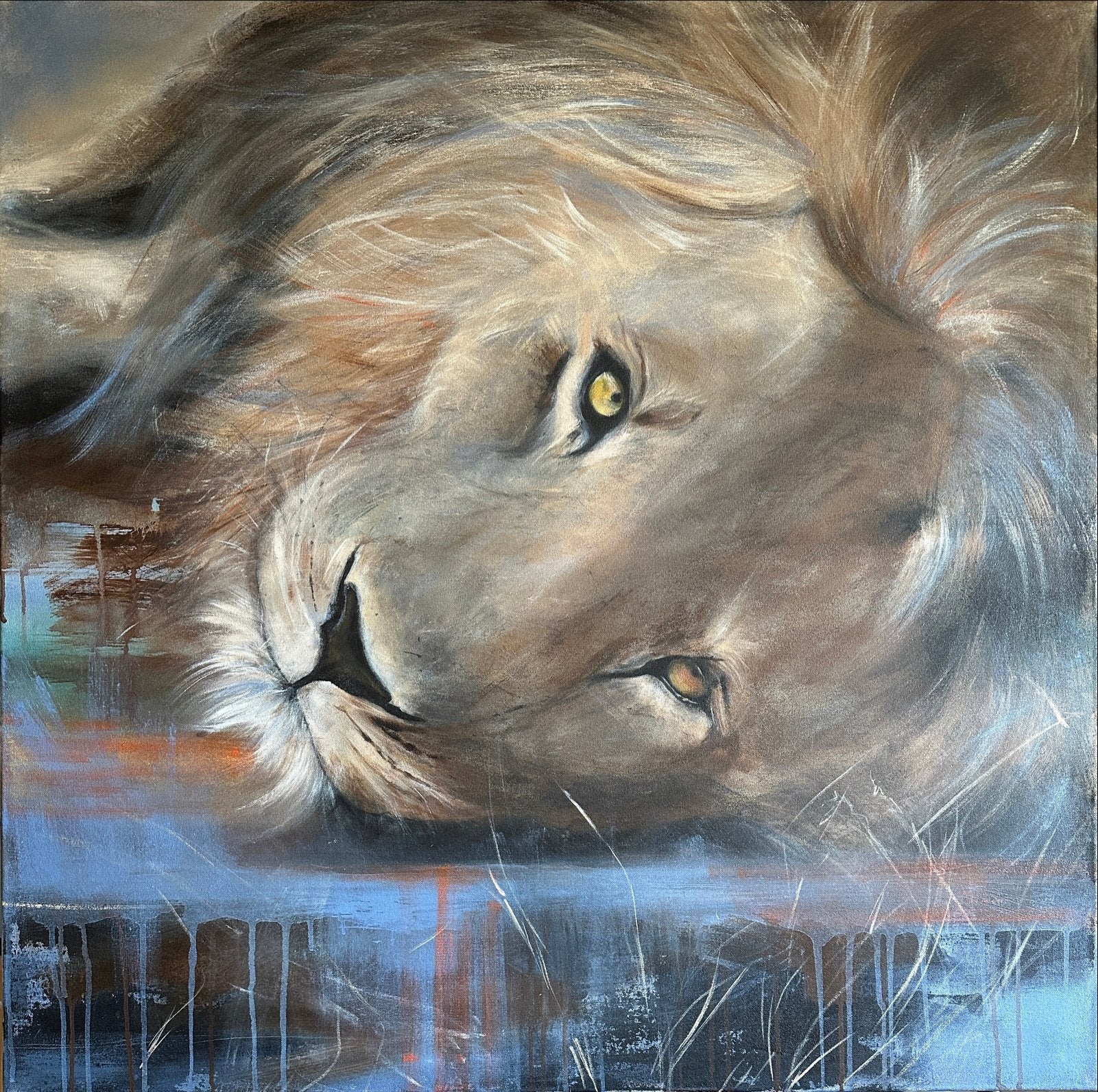 Schilderij 'Rustende Leeuw' - Uniek Kunstwerk, Antiek en Kunst, Ophalen of Verzenden