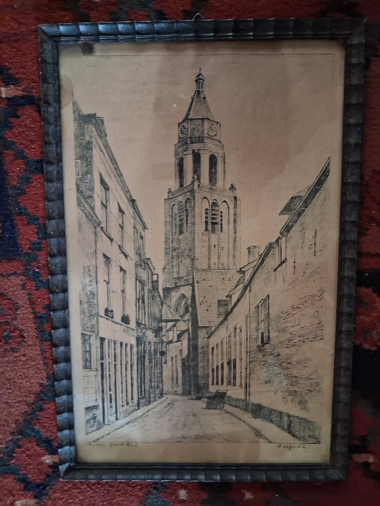 antiek pentekening   H Estgerbuh houten lijst glasplaat, Antiek en Kunst, Ophalen of Verzenden, Schilderij, Pentekening, Handgemaakt