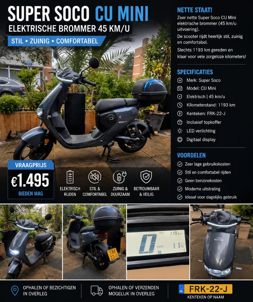 Super Soco CU Mini Elektrische Brommer 45 km/u, Ophalen, Zo goed als nieuw