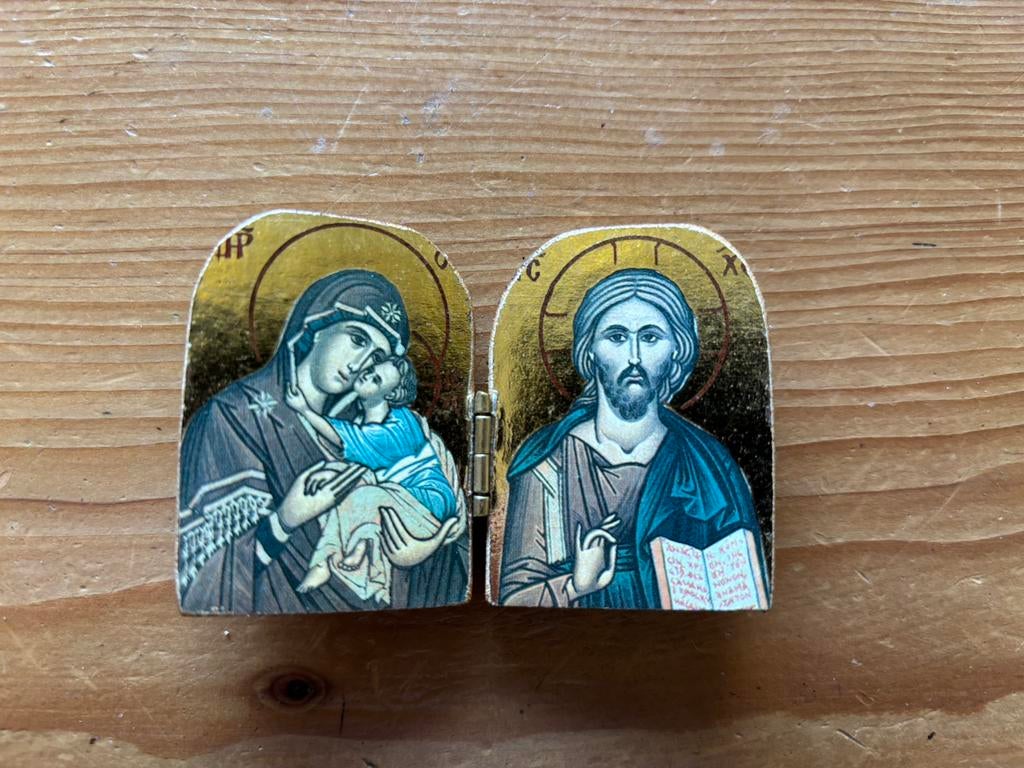Tweeluik houten reisicoon, Ophalen of Verzenden, Gebruikt