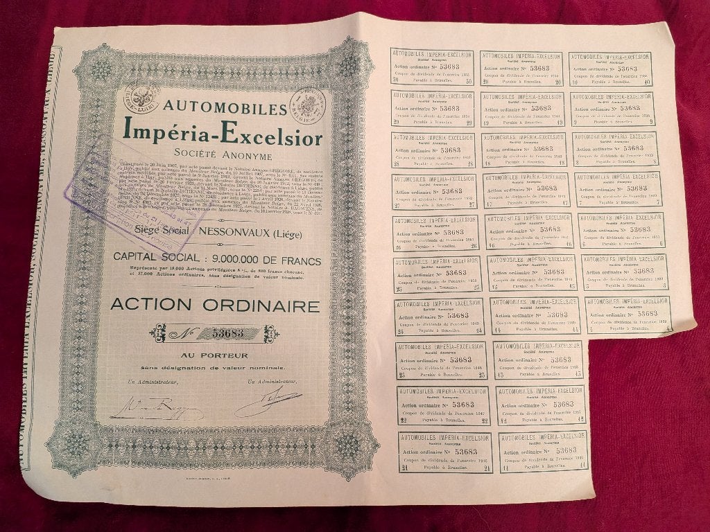 Historisch aandeel Automobiles Impéria , Luik,  1928, Ophalen of Verzenden, 1920 tot 1950, Aandeel