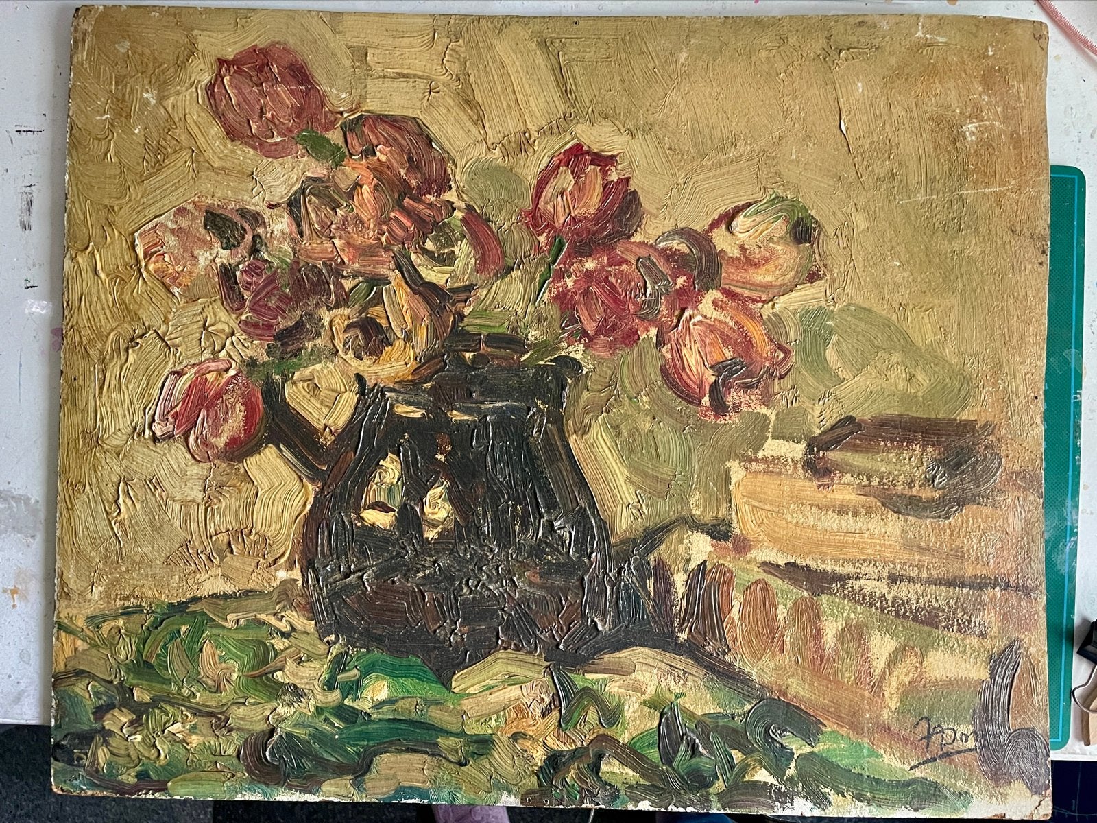 Schilderij Jan Dona - incl historische brief, Bloemen, Doek, Impressionistisch, Ophalen of Verzenden