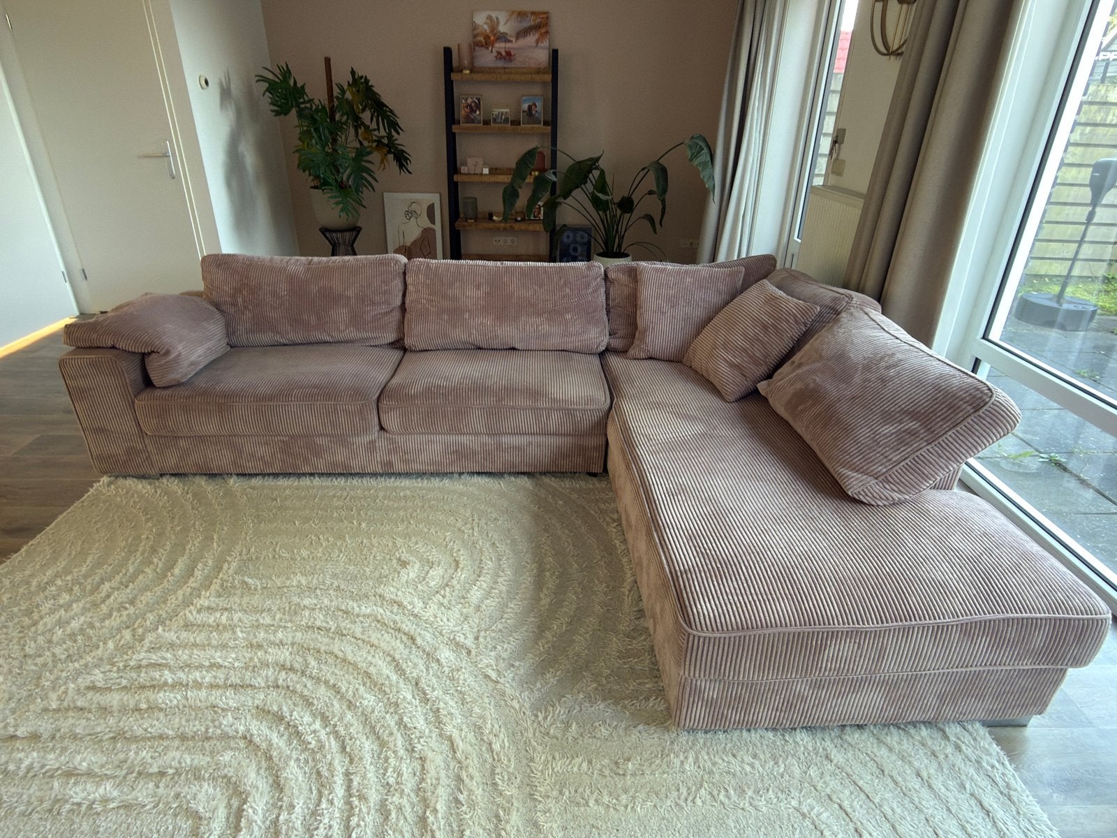 Ribstof Hoekbank Oud Roze - 300x224 cm, Ophalen, Gebruikt, Hoekbank, 300 cm of meer