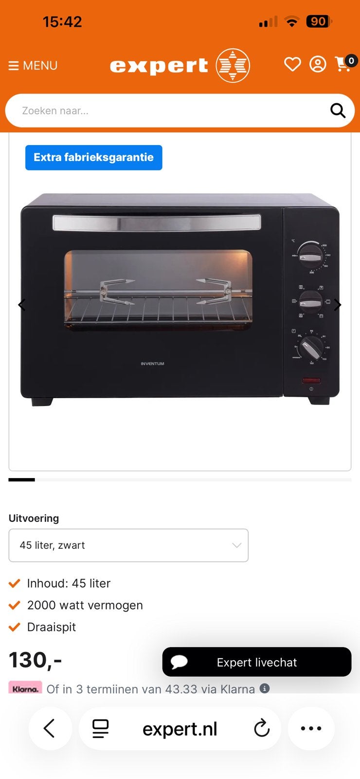 Oven, Ophalen, 45 tot 50 cm, Hete lucht, Inventum