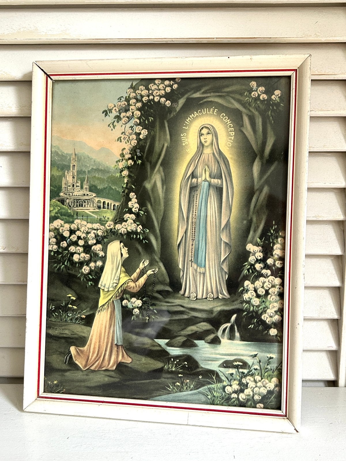 Vintage schilderij prent aanbidding Bernadette Maria Lourdes, Ophalen, Gebruikt, Kaart of Prent
