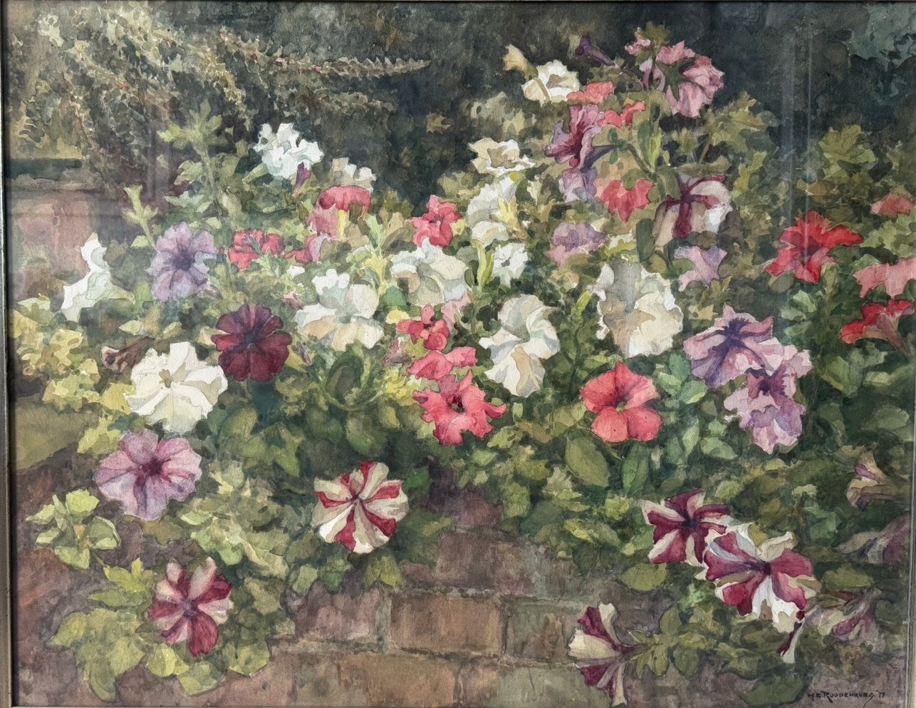 H.E. Roodenburg 1895-1987 Petunia’s op Tuinmuur (Wassenaar), Impressionistisch, Aquarel, Gedateerd, Papier
