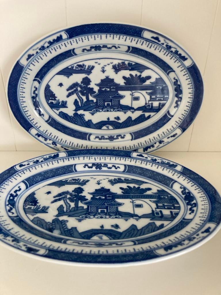 Vintage - Chinese ovale serveer schalen - borden blauw wit, Ophalen of Verzenden