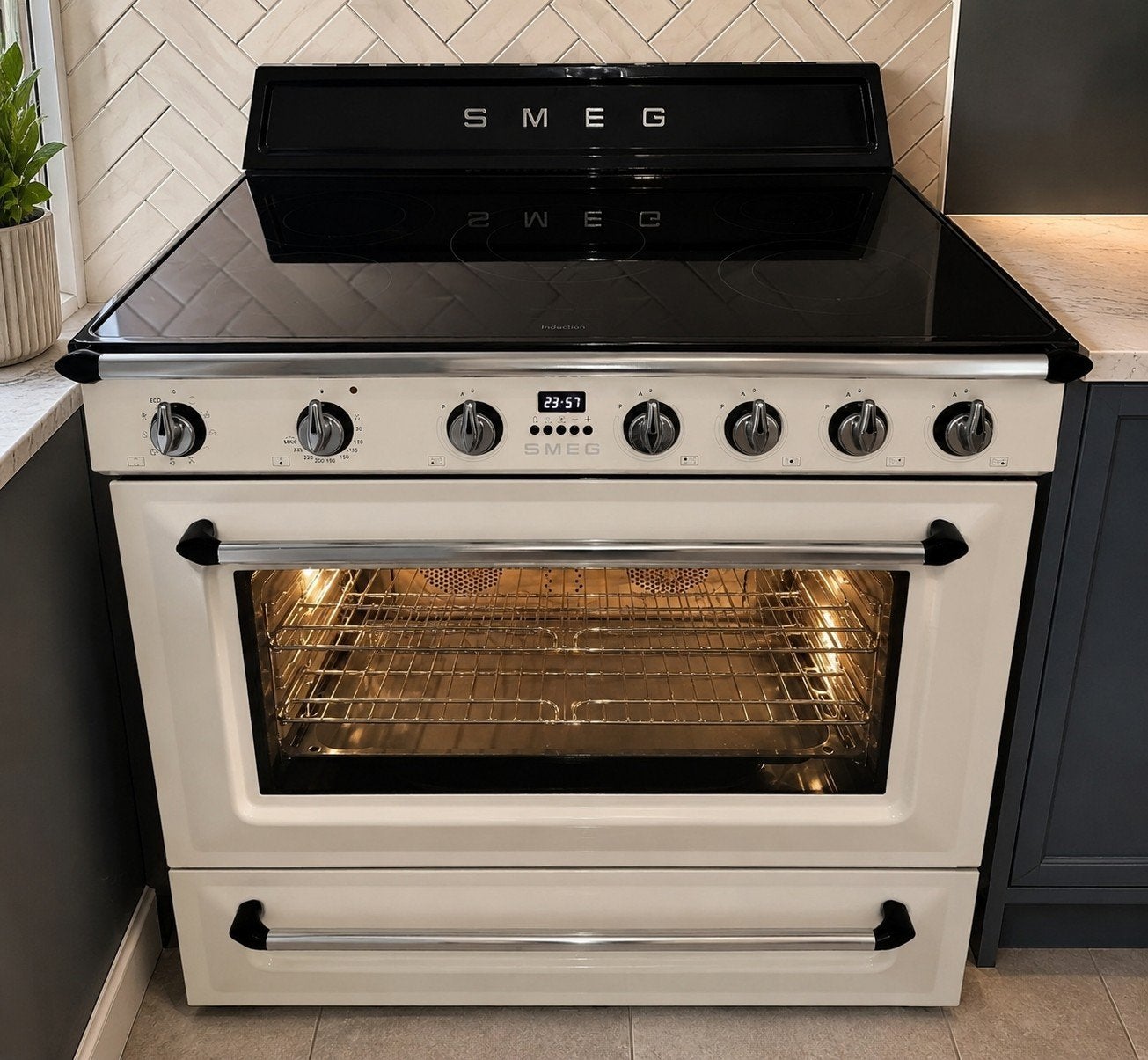 Luxe smeg victoria inductie fornuis 90cm, Ophalen, Warmhoudplaat, 60 cm of meer, Zo goed als nieuw