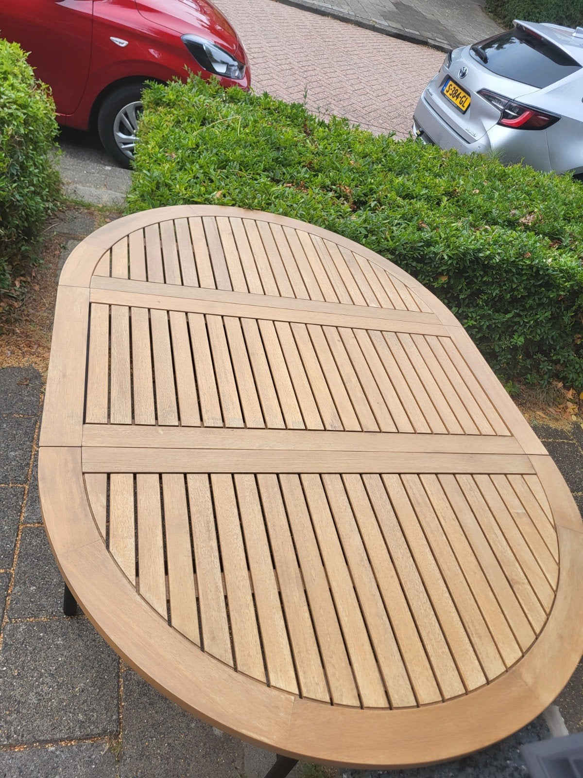 Uitschuifbare tuintafel van teakhout, Tuin en Terras, Ophalen, Gebruikt, Ovaal, Teakhout