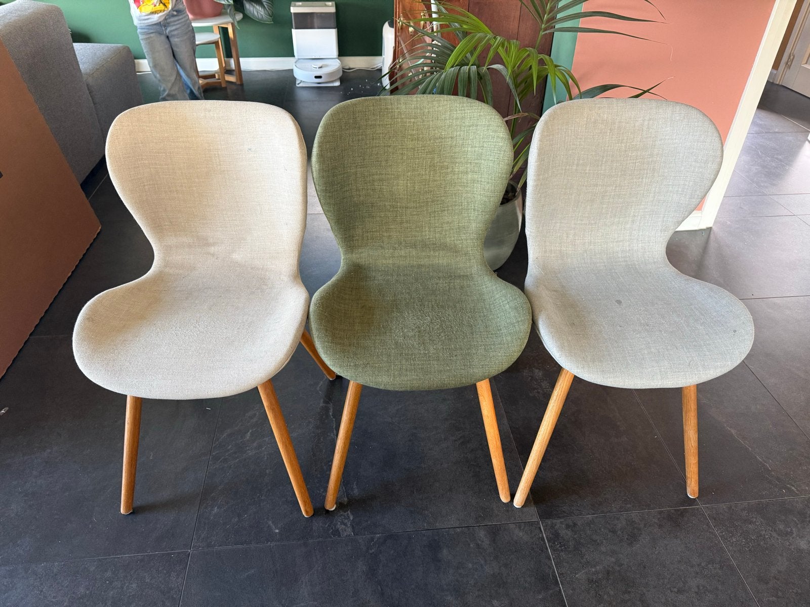 Set van 7 stoelen - groen/beige/grijs stof met houten poten, Ophalen, Gebruikt, Overige kleuren, Vijf, Zes of meer stoelen